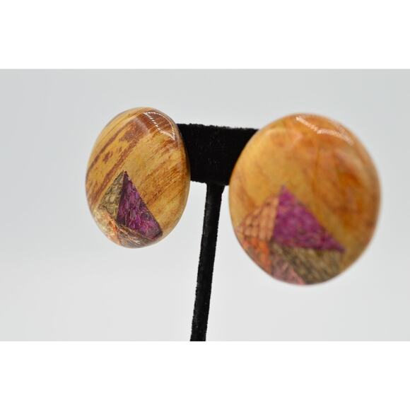 Vintage Round Earrings Handcrafted Lacquered Wood Reptile Snake Print NOS 80s 9D - Picture 3 of 9
